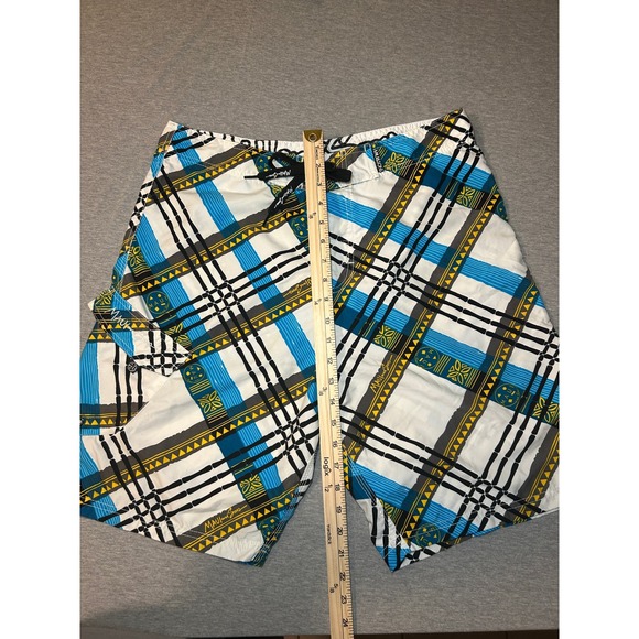 Maui and Sons Mens Plaid Board Shorts Swim Trunks Blue Yellow Black Size 34 - Picture 3 of 10